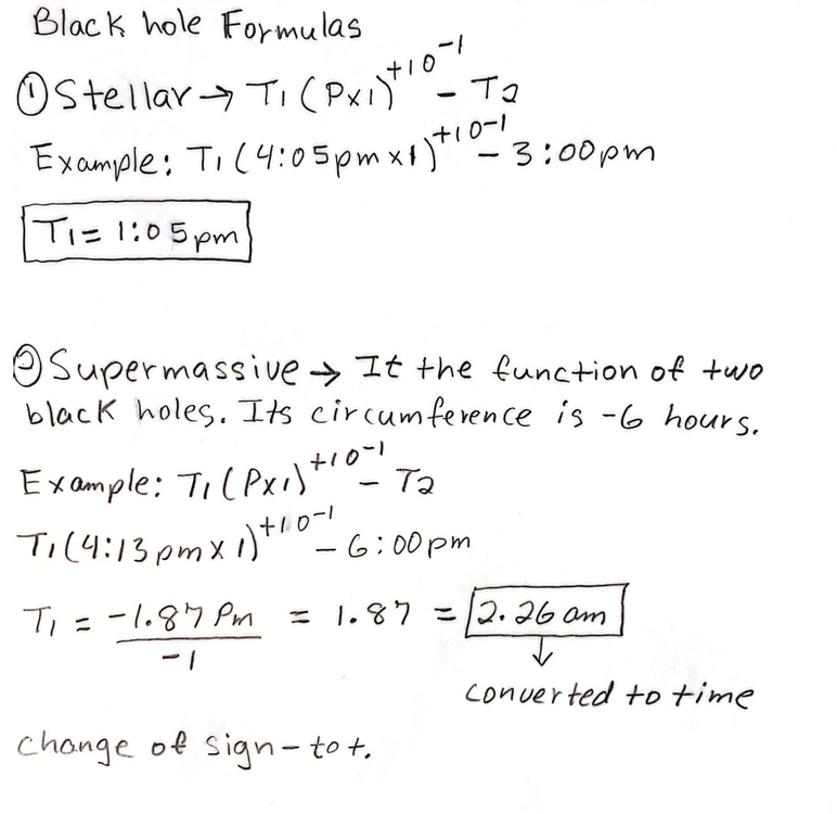 Black Hole Formulas — handwritten formulas for Stellar and Supermassive black hole time calculations